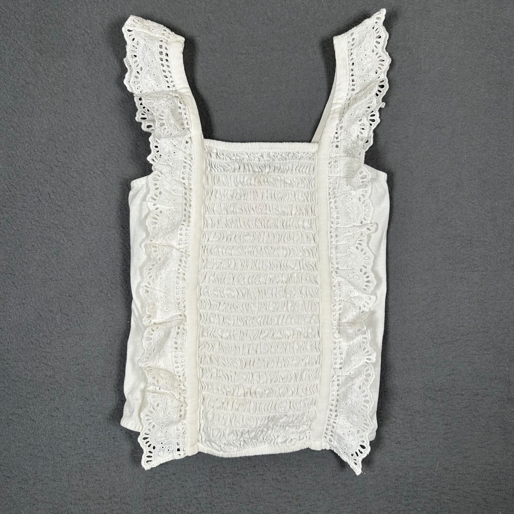 Justice Tank Top Girls Size S 7/8 White Smocked Eyelet Lace Ruffle Strap Boho